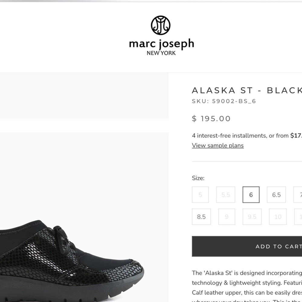 NIB $195 Marc Jospeh sneaker Alaska St in Black Snake 6.5 embossed Calf leather